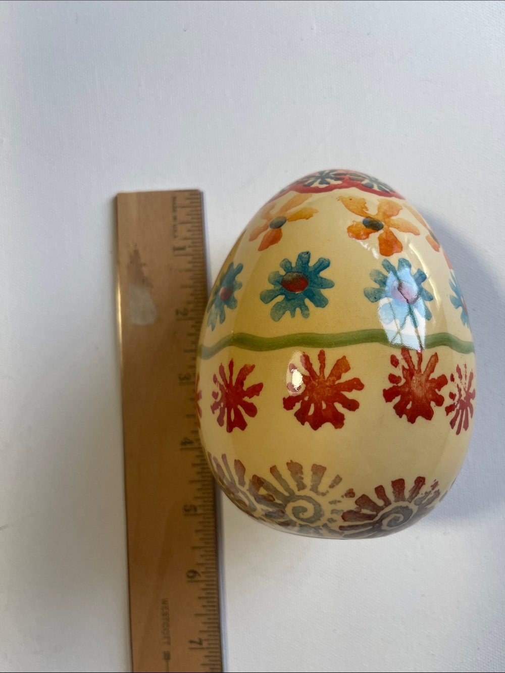 Vintage Hand-Painted Floral Decorative Easter Egg - Cream, Red, Blue, Orange